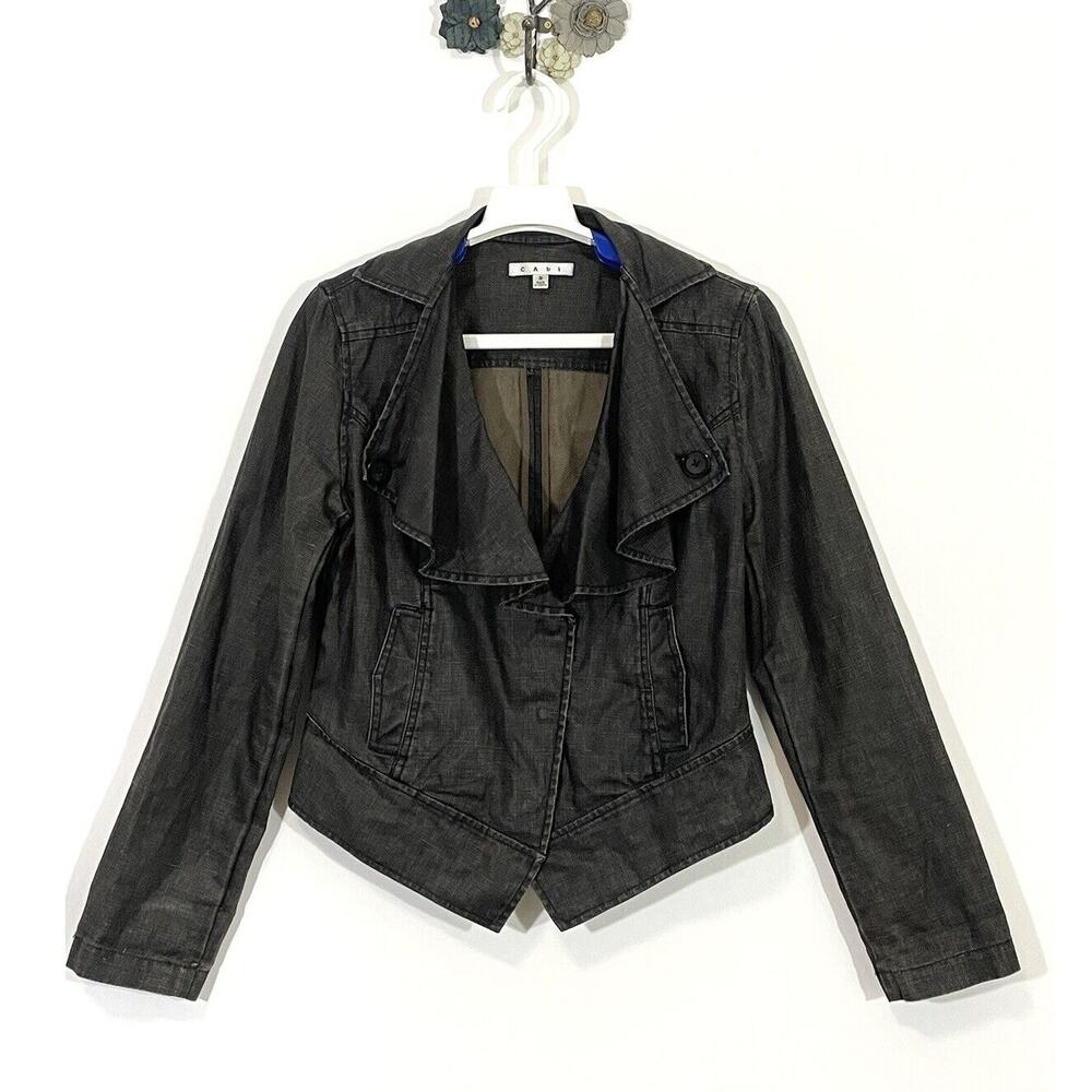 CAbi #901 Black Waxed Linen Snap Y2K Moto Jacket Size Small Ruffled Collar